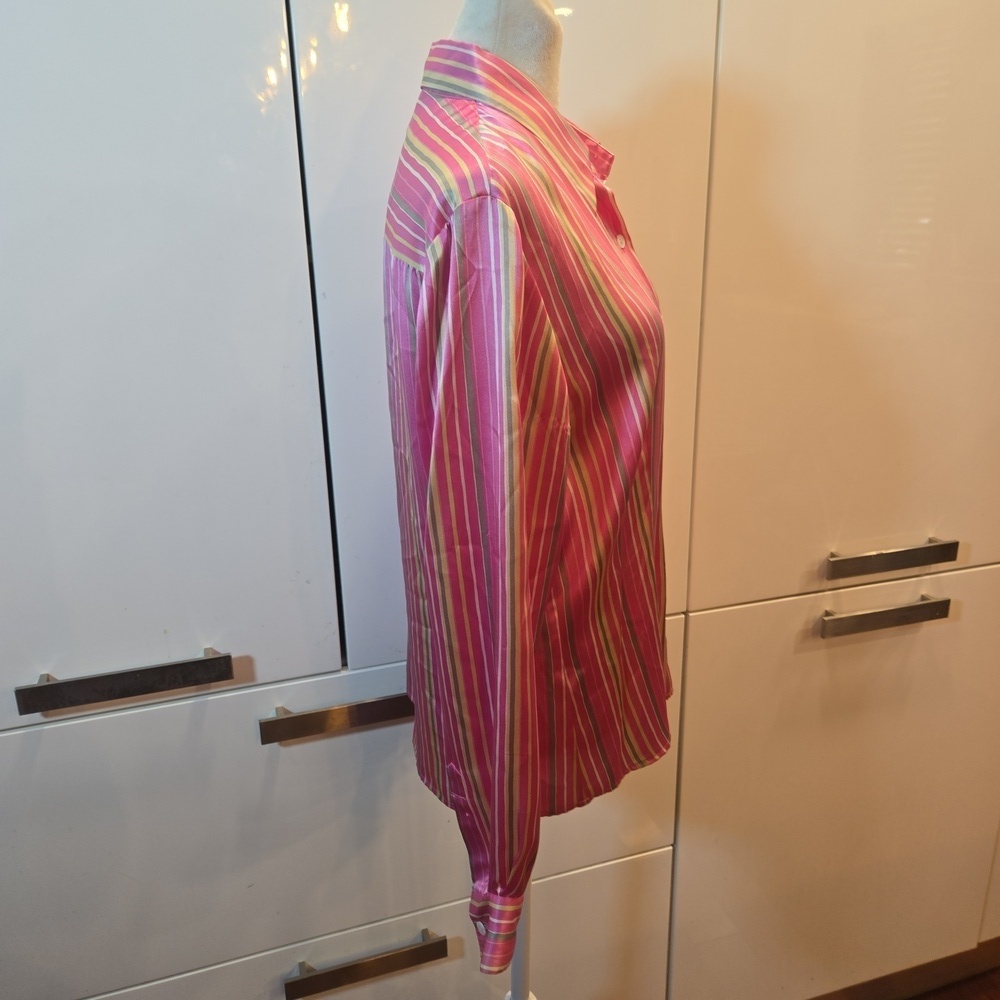 100% Silk Striped Button Down Shirt Pink Yellow Size Medium Womens - Picture 3 of 8